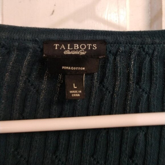 Talbots Pima Cotton Classic Cable V-Neck Sweater L- Teal - Picture 8 of 9